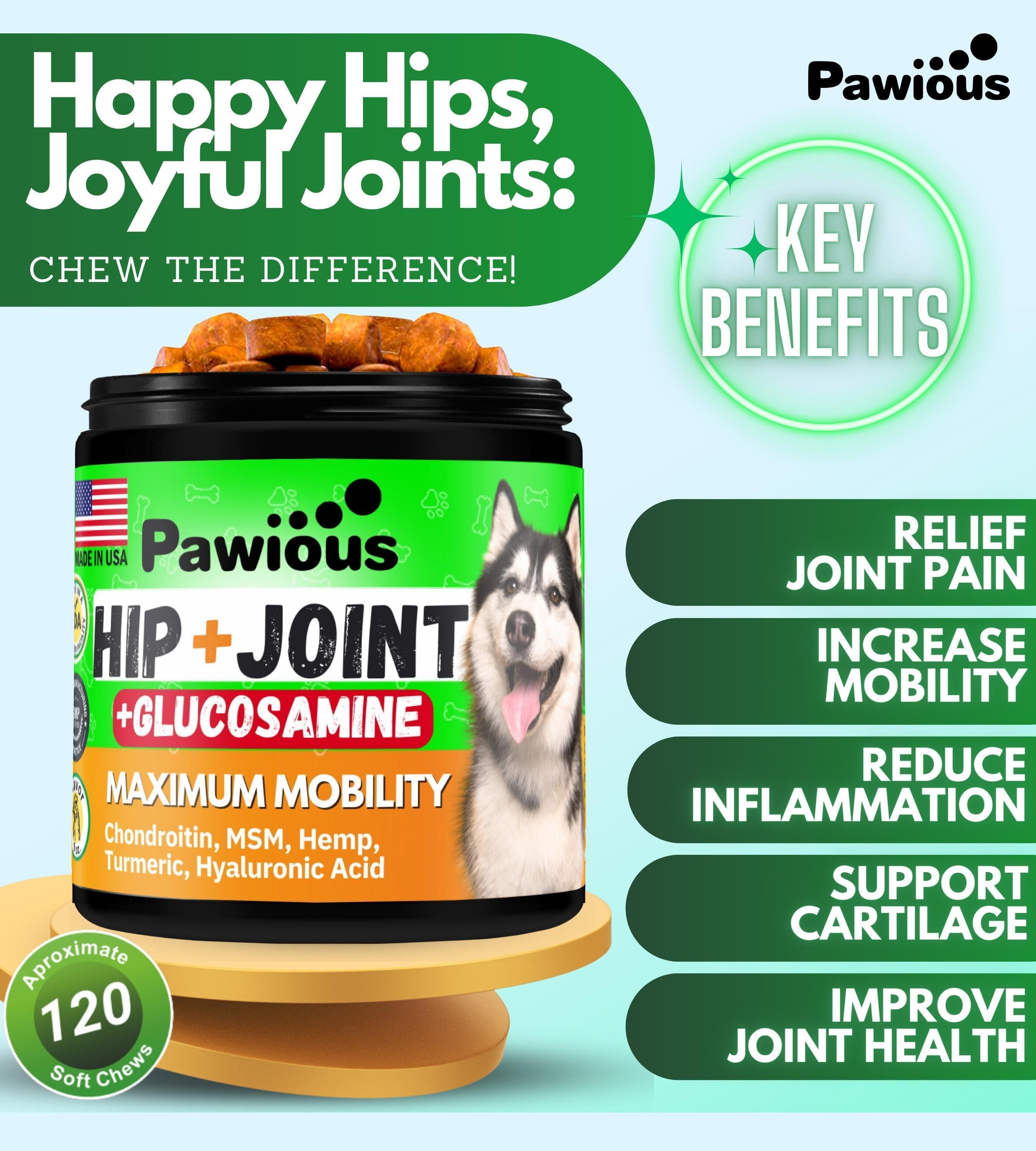 Hip and Joint Supplement for Dogs Glucosamine Dog Joint Pain Relief 120 Chews