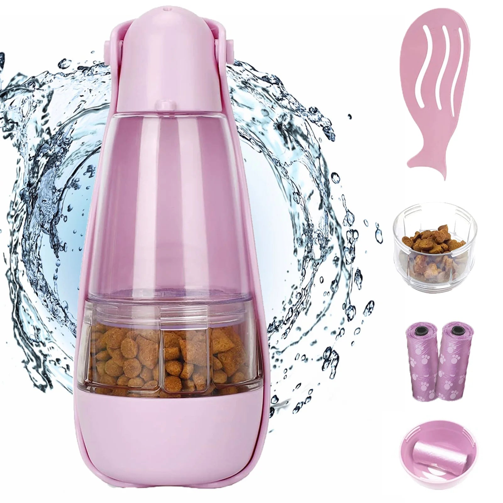 Dog Water Bottle, 4 in 1 Portable Foldable Dog Water Dispenser with Food Storage and Dog Poop Bag Storage for Pets Outdoor Walking Hiking Travel