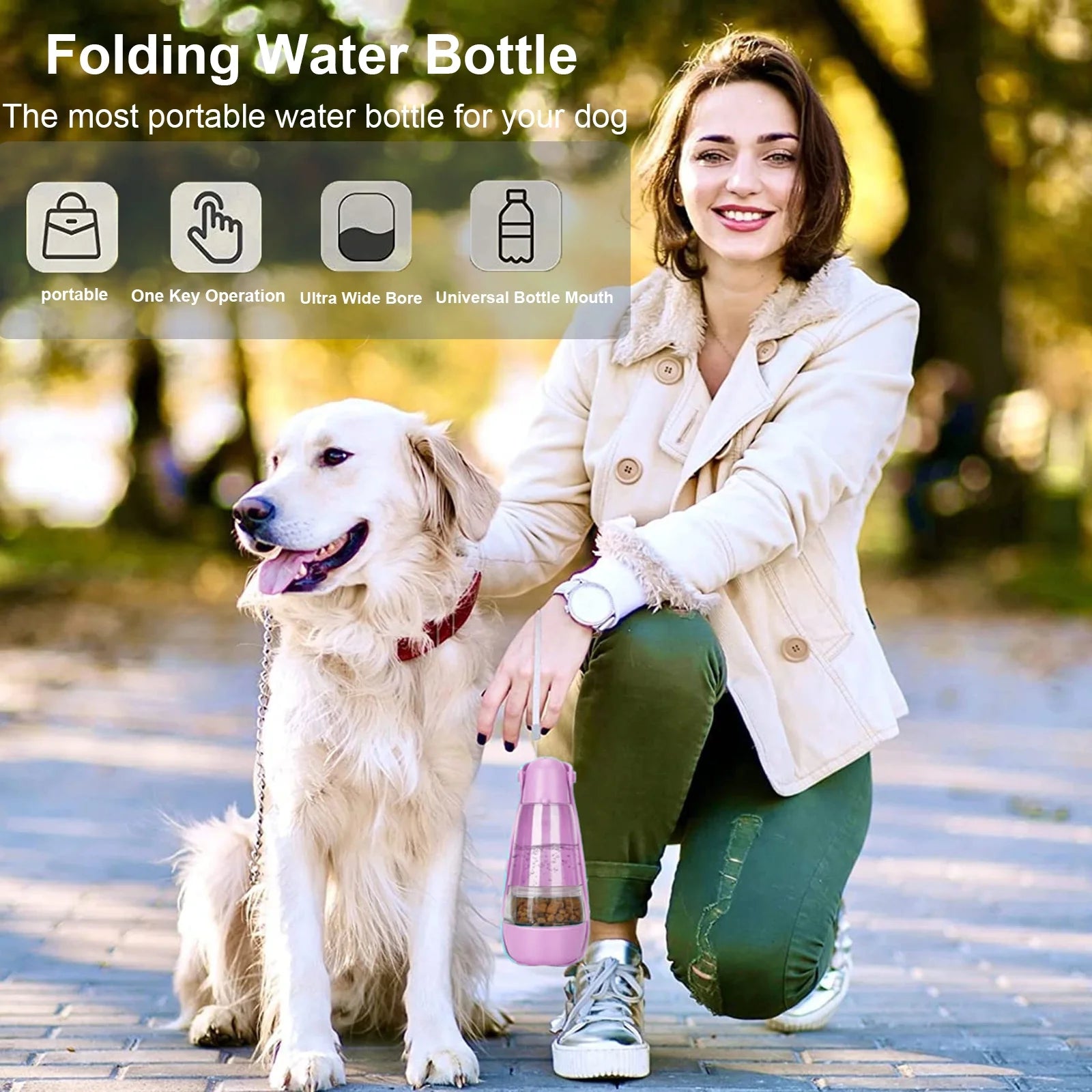 Dog Water Bottle, 4 in 1 Portable Foldable Dog Water Dispenser with Food Storage and Dog Poop Bag Storage for Pets Outdoor Walking Hiking Travel