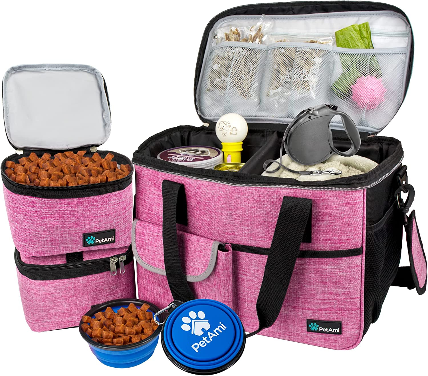 Dog Travel Bag, Travel Pet Bag Organizer, Dog Food Travel Bag with Food Container and Bowls, Dog Travel Supplies Gift Accessories for Weekend Camping, Dog Cat Diaper Bag (Pink, Medium)