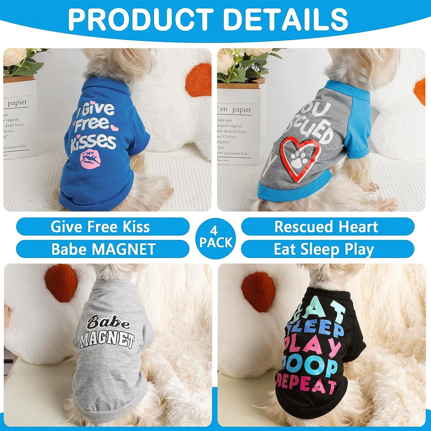 4 Pieces Dog Shirt, Summer Dog Clothes for Small Dogs Boy, Funny Printed Cool Dog Clothes for Male Dog Cute Pet Puppy Tshirts Clothing Outfits,Cat Apparel,For Teacup,Chihuahua,Yorkie,Small,Blue