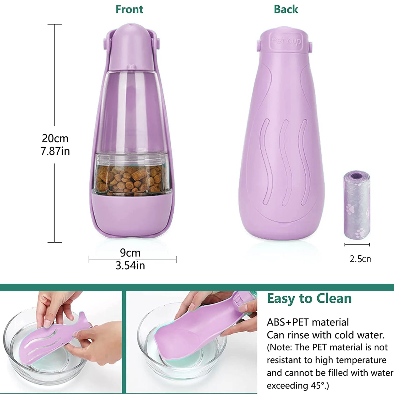 Dog Water Bottle, 4 in 1 Portable Foldable Dog Water Dispenser with Food Storage and Dog Poop Bag Storage for Pets Outdoor Walking Hiking Travel