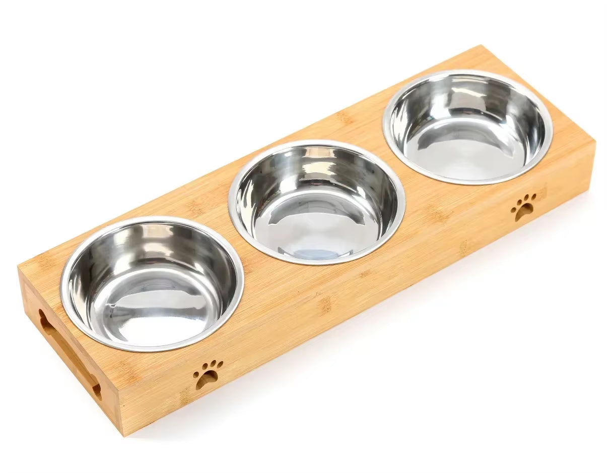 Ceramic Pet Bowl with Bamboo Stand – Non-Skid Double Bowl for Cats & Small Dogs