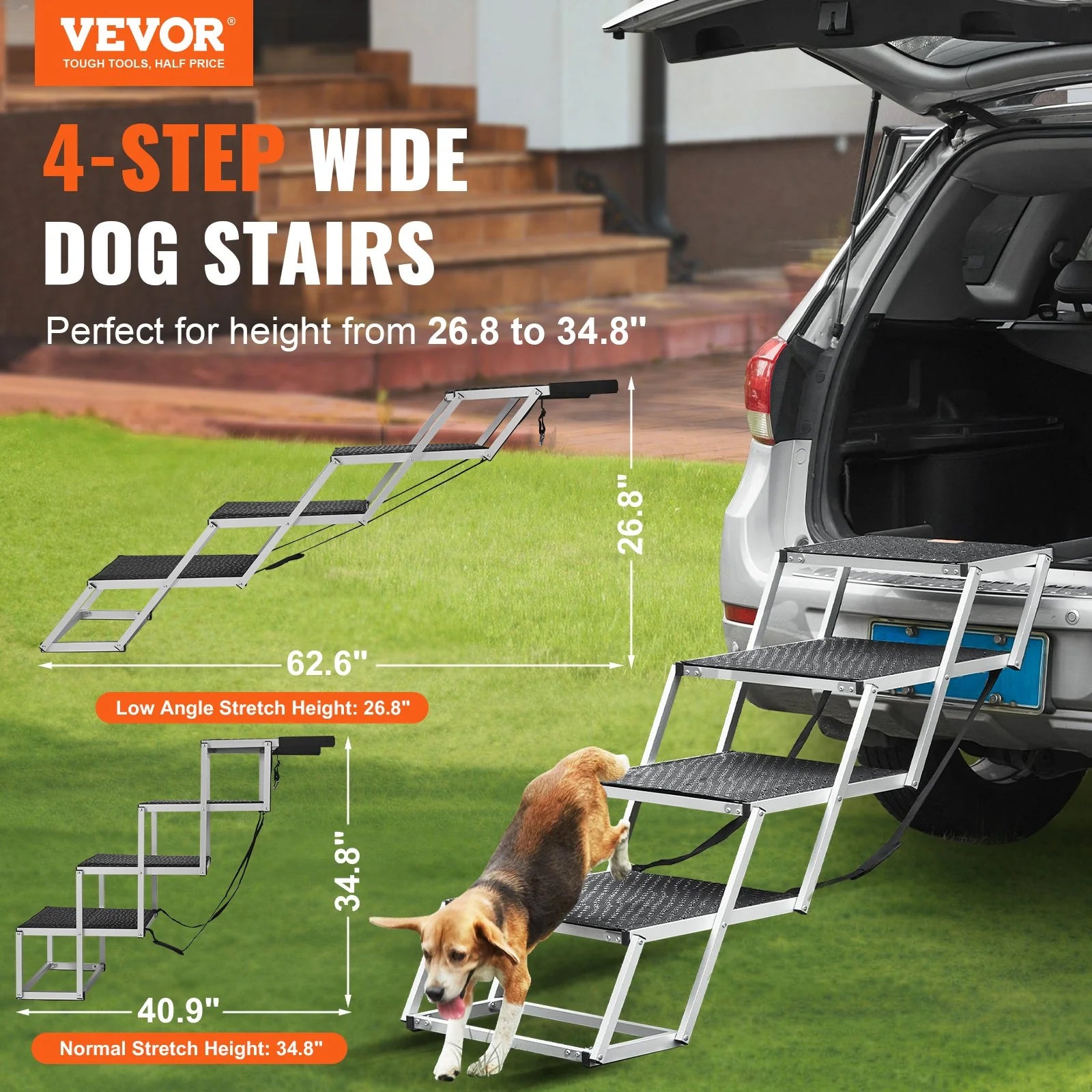 VEVOR Folding Dog Stairs – 4-Step, Aluminum, 250 lbs Capacity