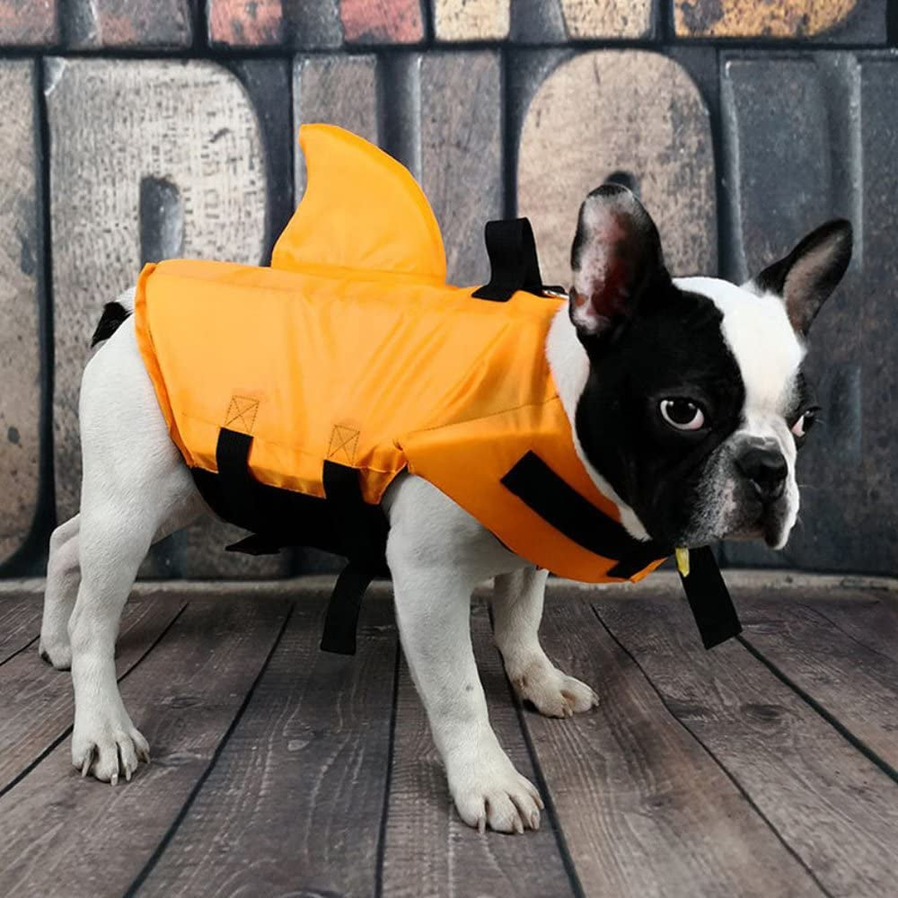 Dog Life Jacket – Adjustable, Shark Design, for Short-Nosed Breeds (M, Orange)