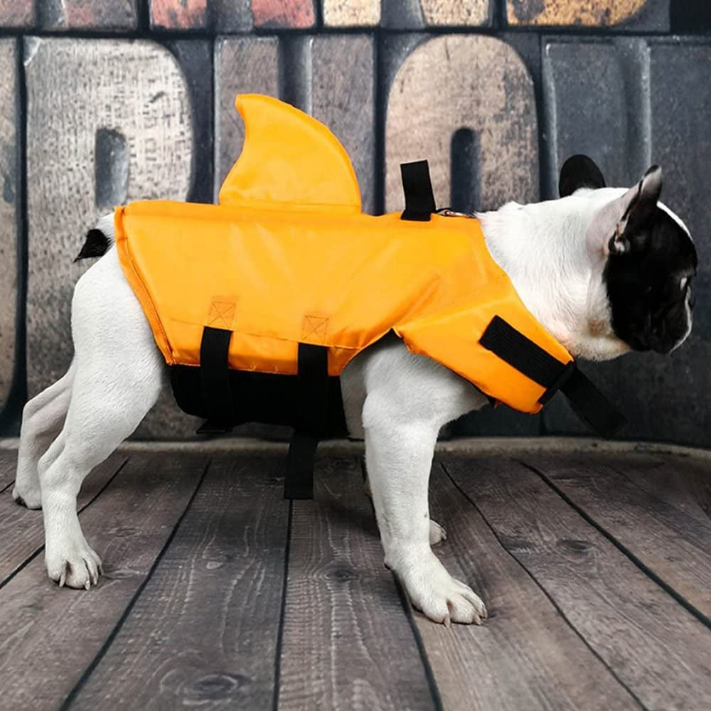 Dog Life Jacket – Adjustable, Shark Design, for Short-Nosed Breeds (M, Orange)