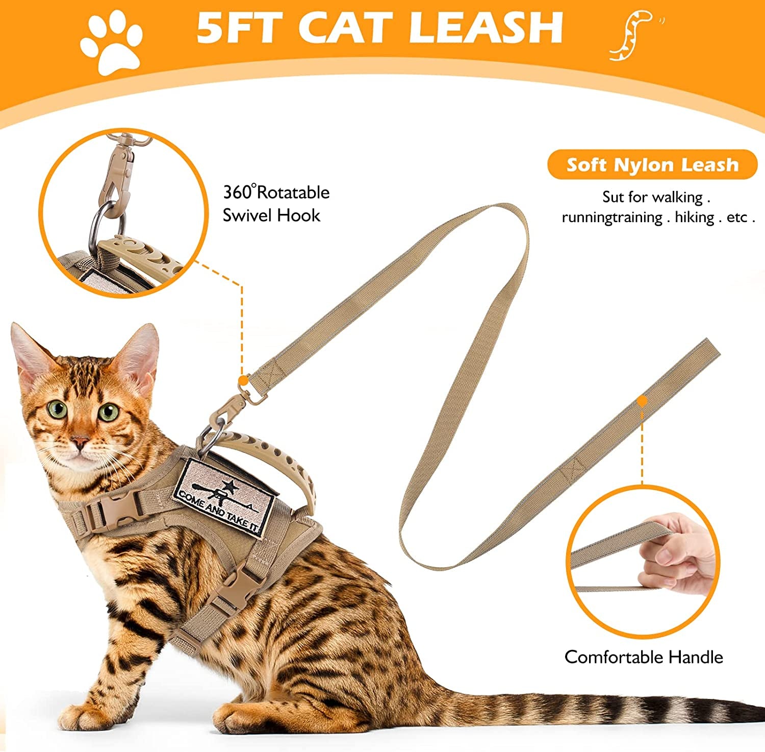 Tactical Cat Harness & Leash Set – Escape-Proof, Adjustable, Padded (Khaki)