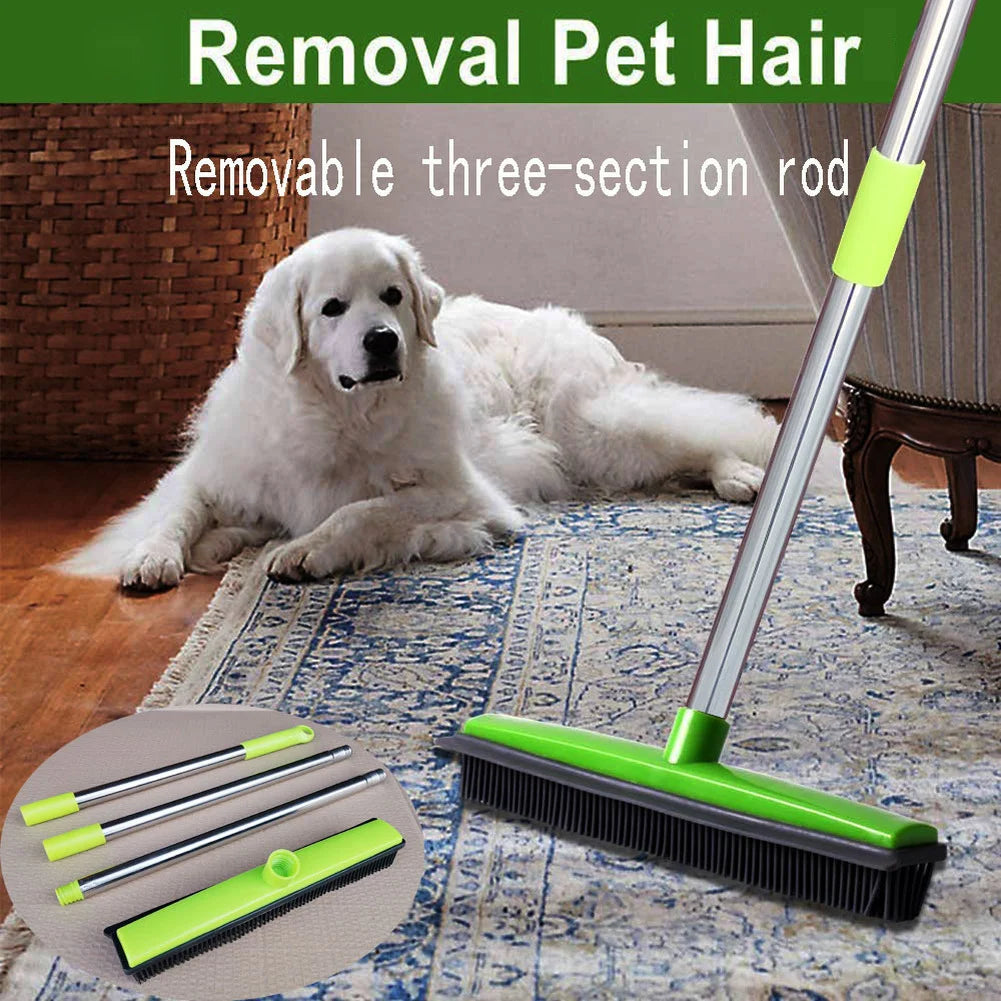 Pet Hair Rubber Broom – Carpet & Floor Cleaner with Squeegee & Hair Remover