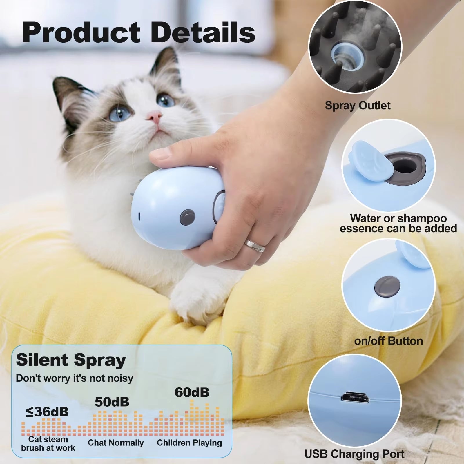 3-in-1 Cat Shed Steam Brush – Rechargeable Grooming & Steaming Pet Brush