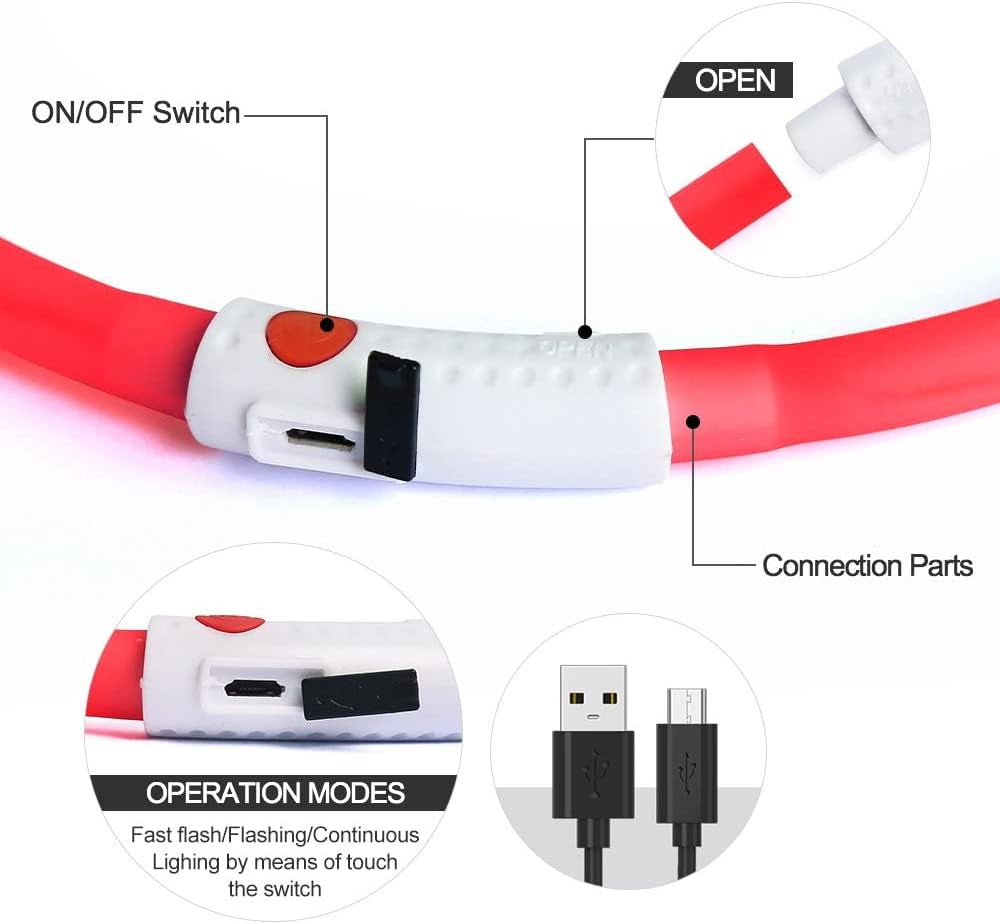 USB Rechargeable LED Dog Collar – Glow-in-the-Dark Silicone (Red)