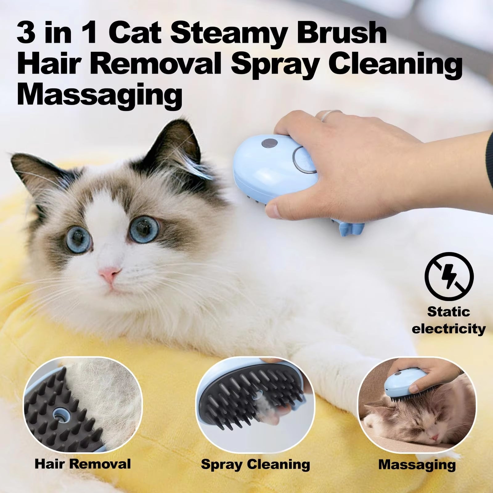 3-in-1 Cat Shed Steam Brush – Rechargeable Grooming & Steaming Pet Brush