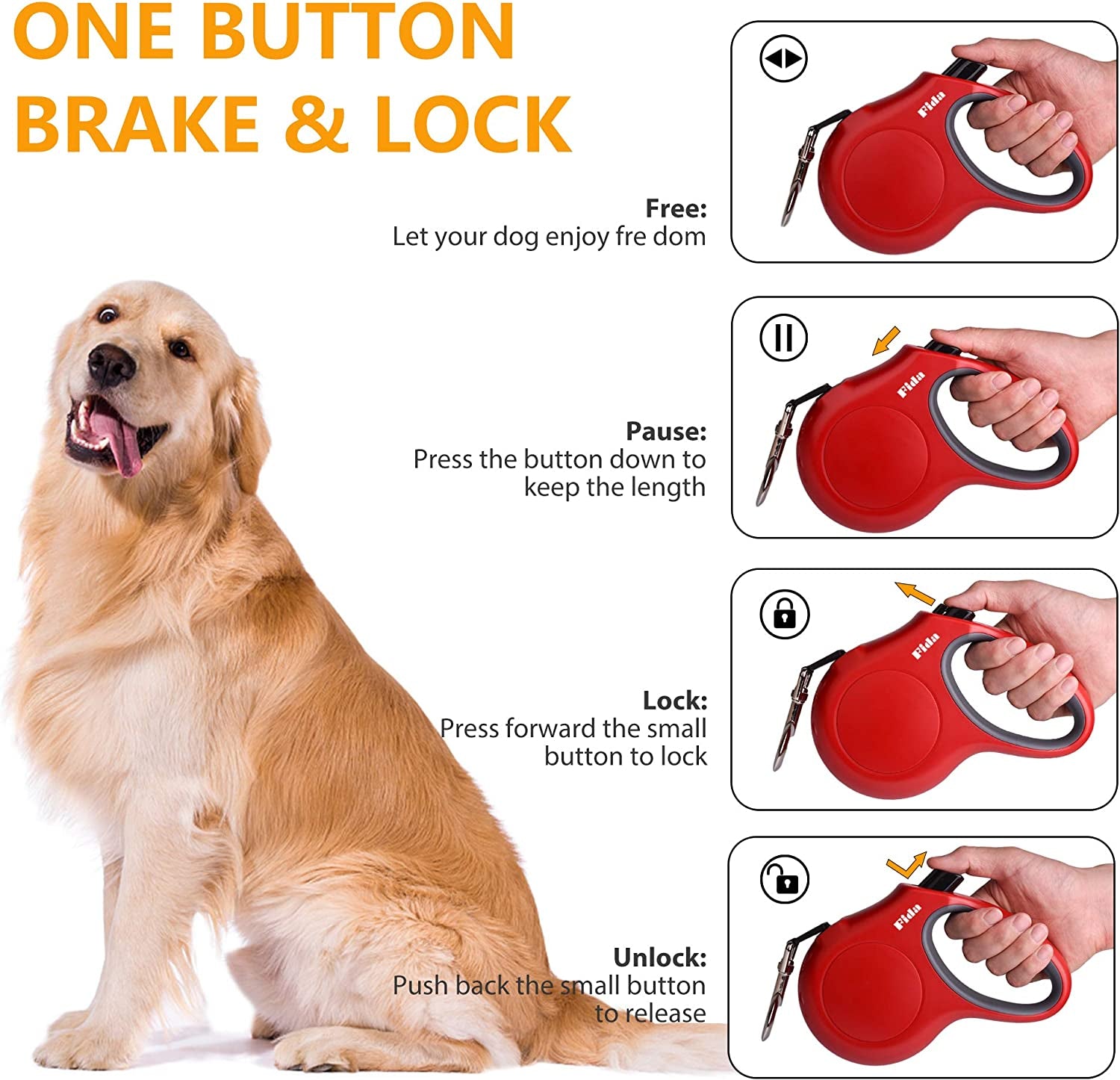 Retractable Dog Leash – 16 Ft, with Dispenser & Poop Bags, Reflective (M, Red)