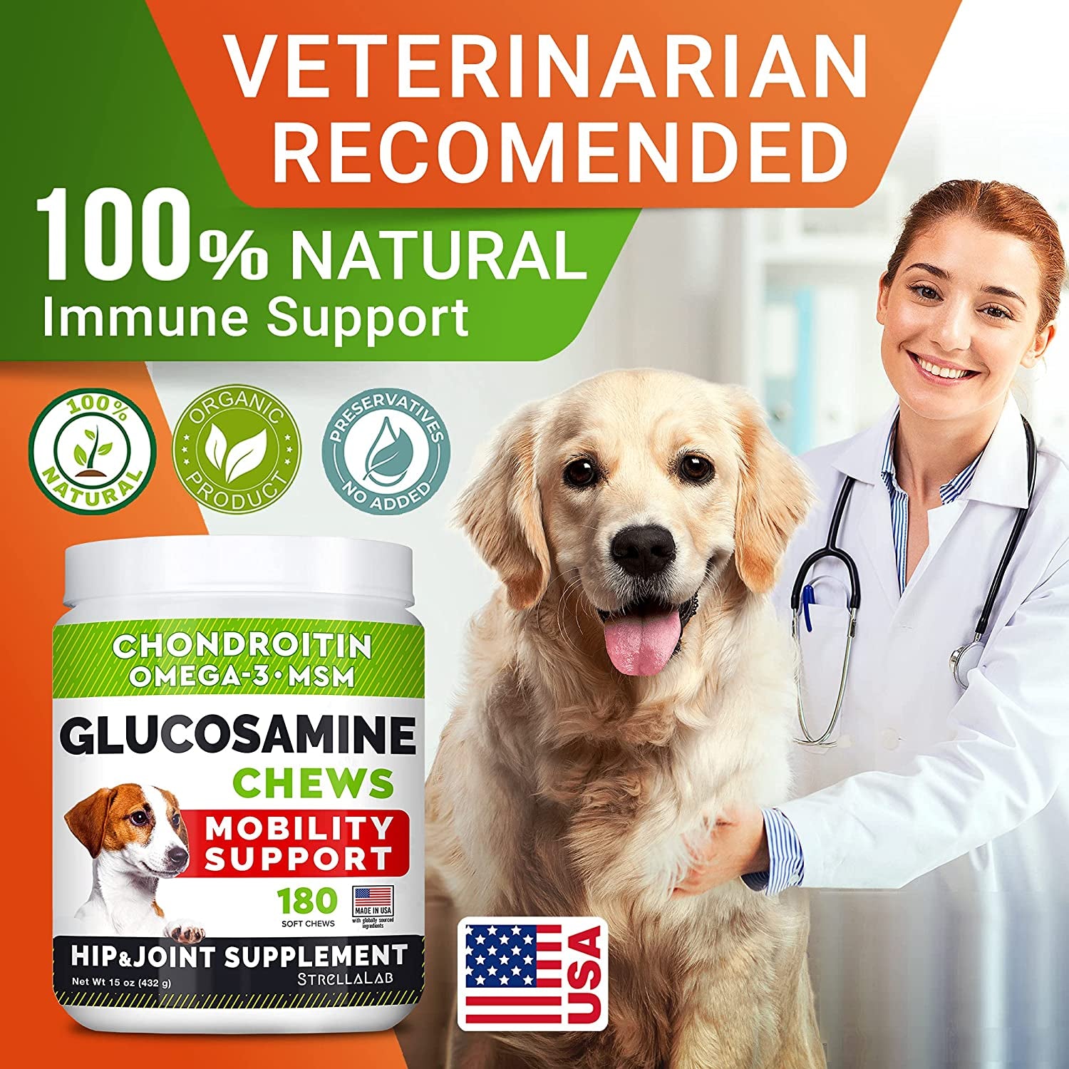 Glucosamine Dog Treats – Joint Support with Omega-3 & MSM (Chicken, 180 Ct, USA-Made)