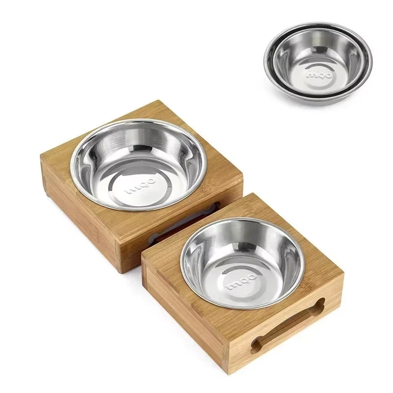 Ceramic Pet Bowl with Bamboo Stand – Non-Skid Double Bowl for Cats & Small Dogs