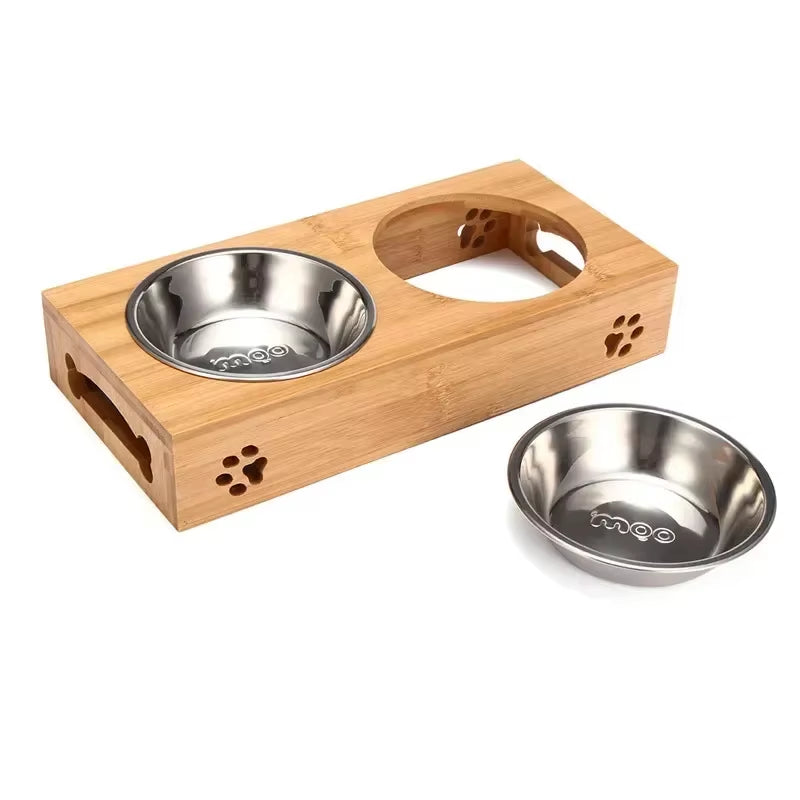 Ceramic Pet Bowl with Bamboo Stand – Non-Skid Double Bowl for Cats & Small Dogs