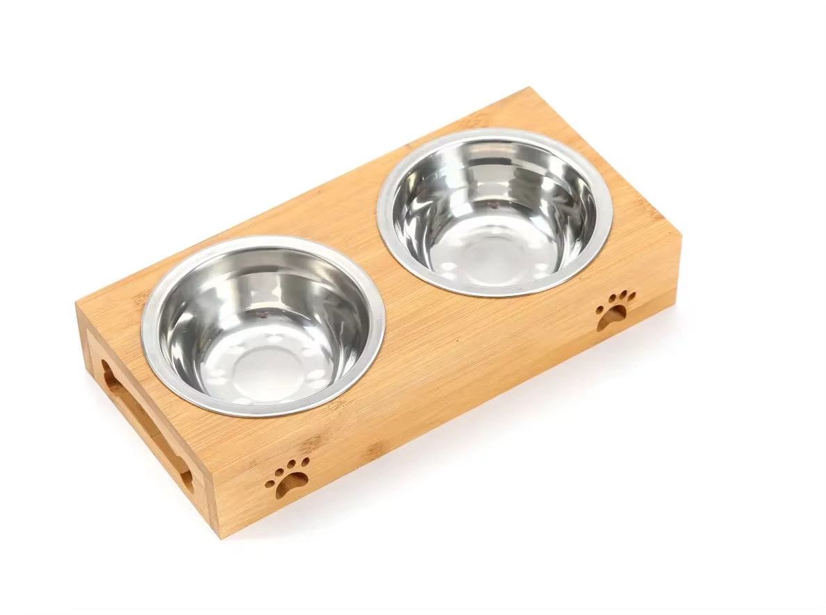 Ceramic Pet Bowl with Bamboo Stand – Non-Skid Double Bowl for Cats & Small Dogs