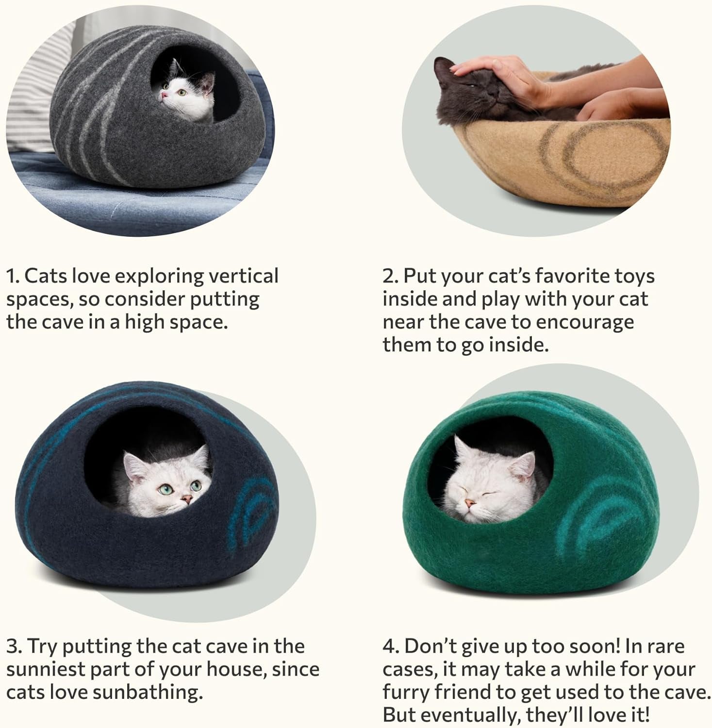Handmade Merino Wool Cat Cave – Premium Felt Bed for Indoor Cats (Large, Light Grey)