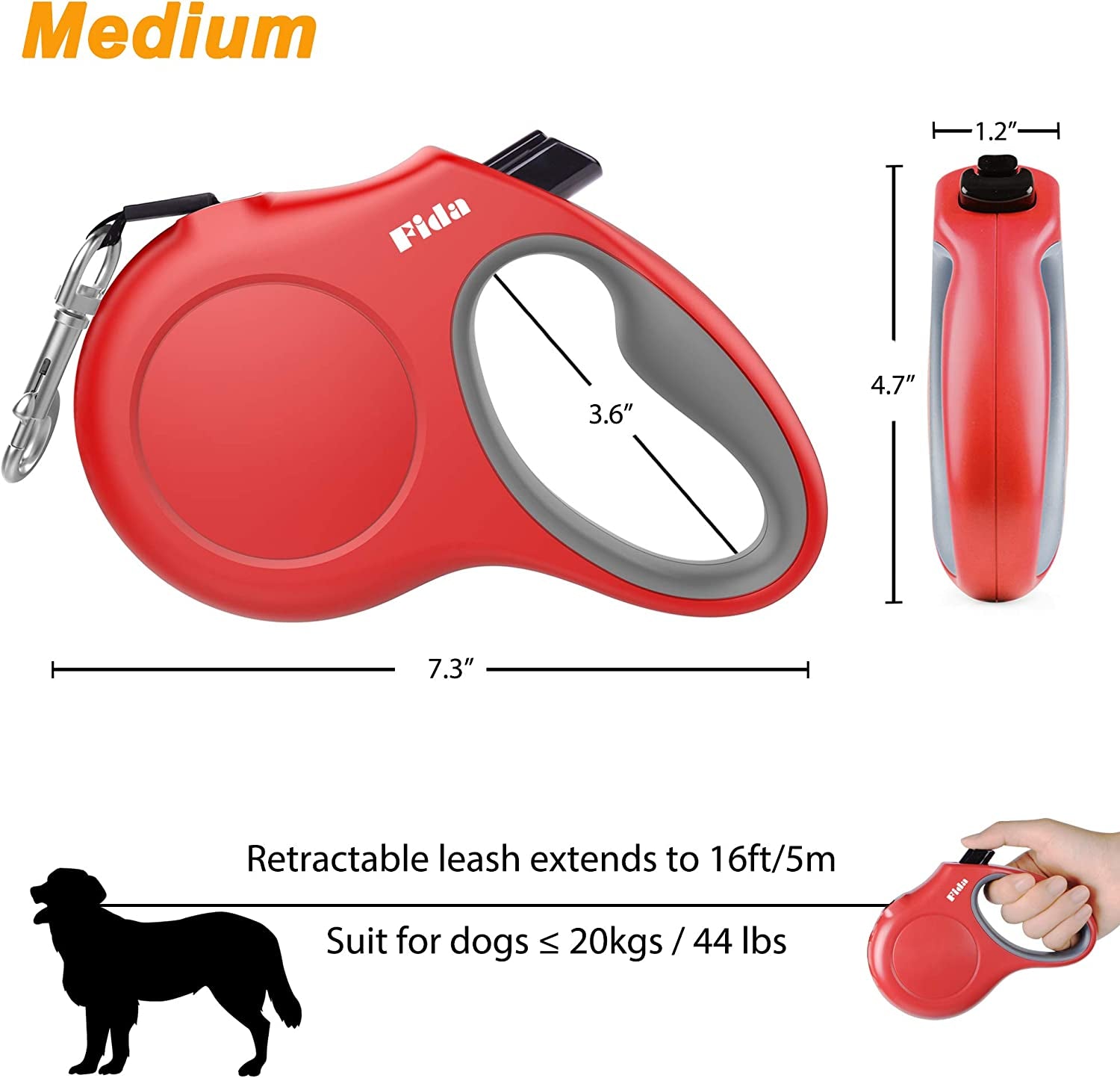 Retractable Dog Leash – 16 Ft, with Dispenser & Poop Bags, Reflective (M, Red)