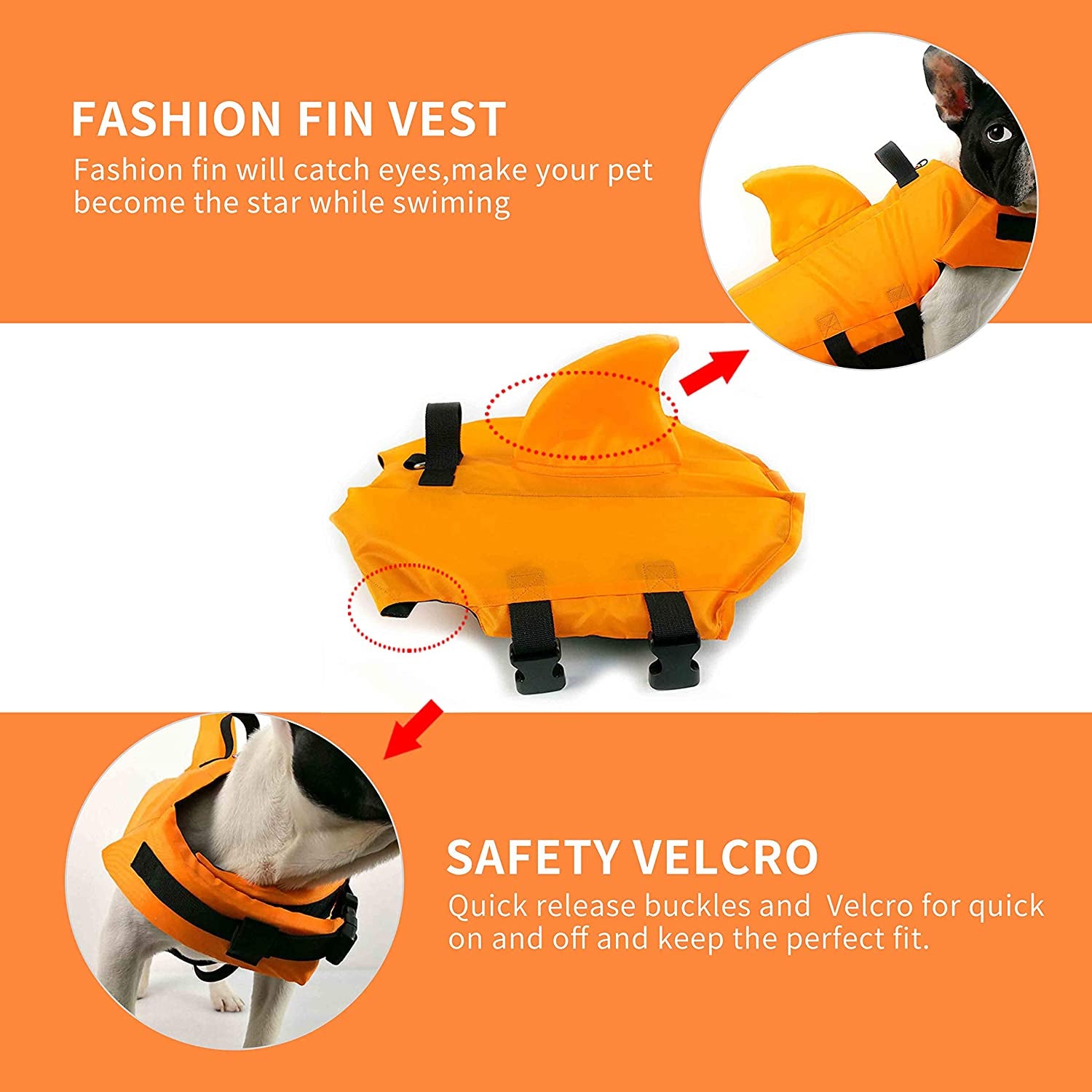 Dog Life Jacket – Adjustable, Shark Design, for Short-Nosed Breeds (M, Orange)