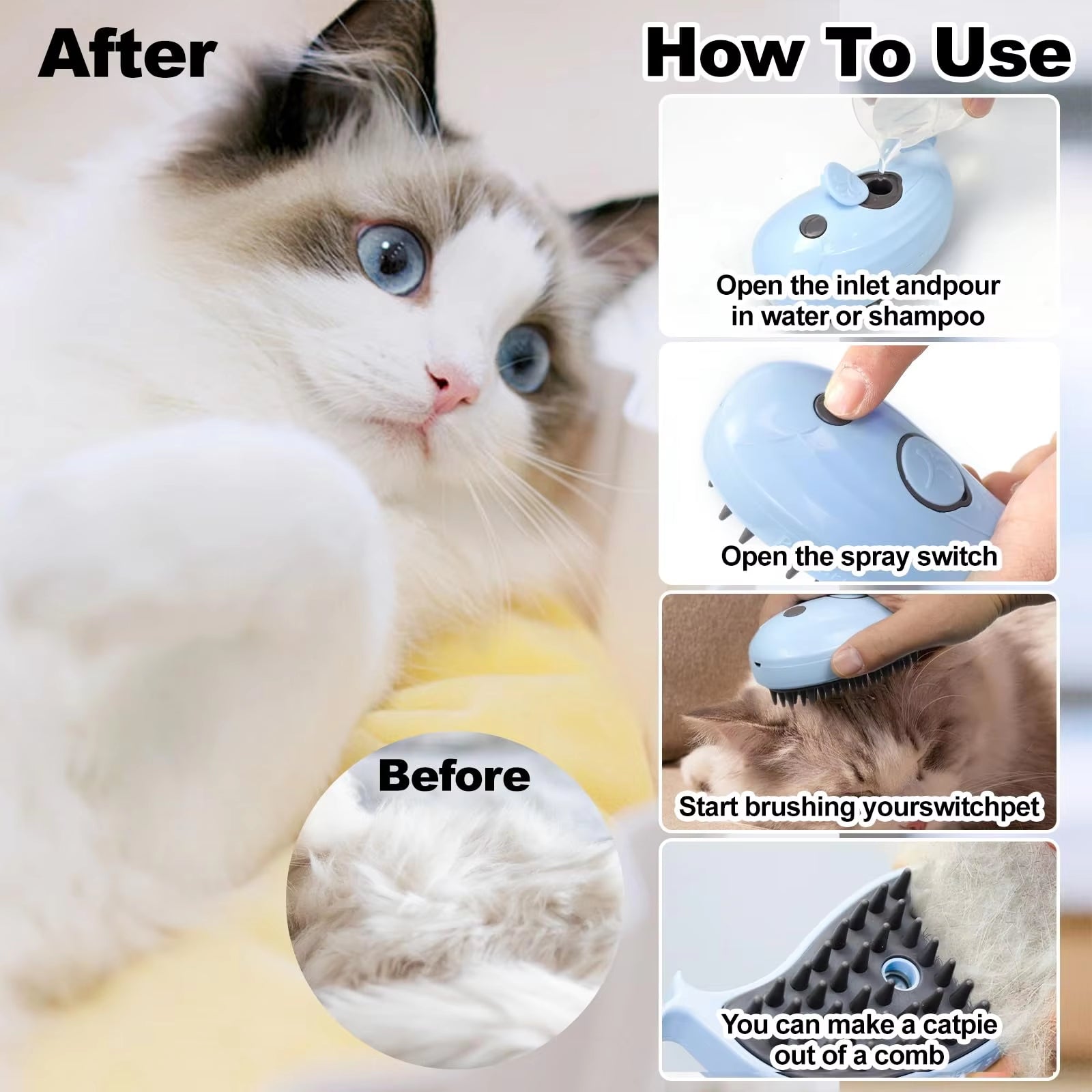 3-in-1 Cat Shed Steam Brush – Rechargeable Grooming & Steaming Pet Brush