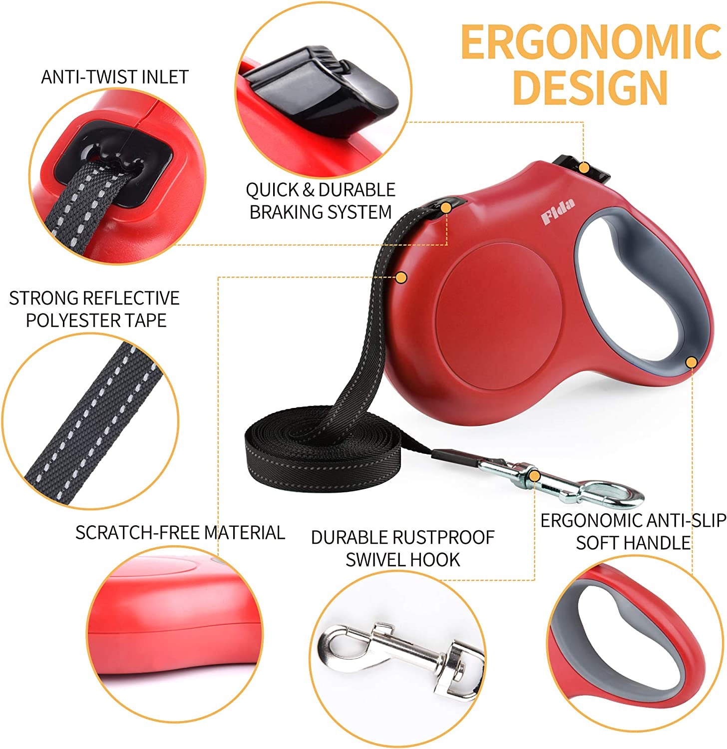 Retractable Dog Leash – 16 Ft, with Dispenser & Poop Bags, Reflective (M, Red)