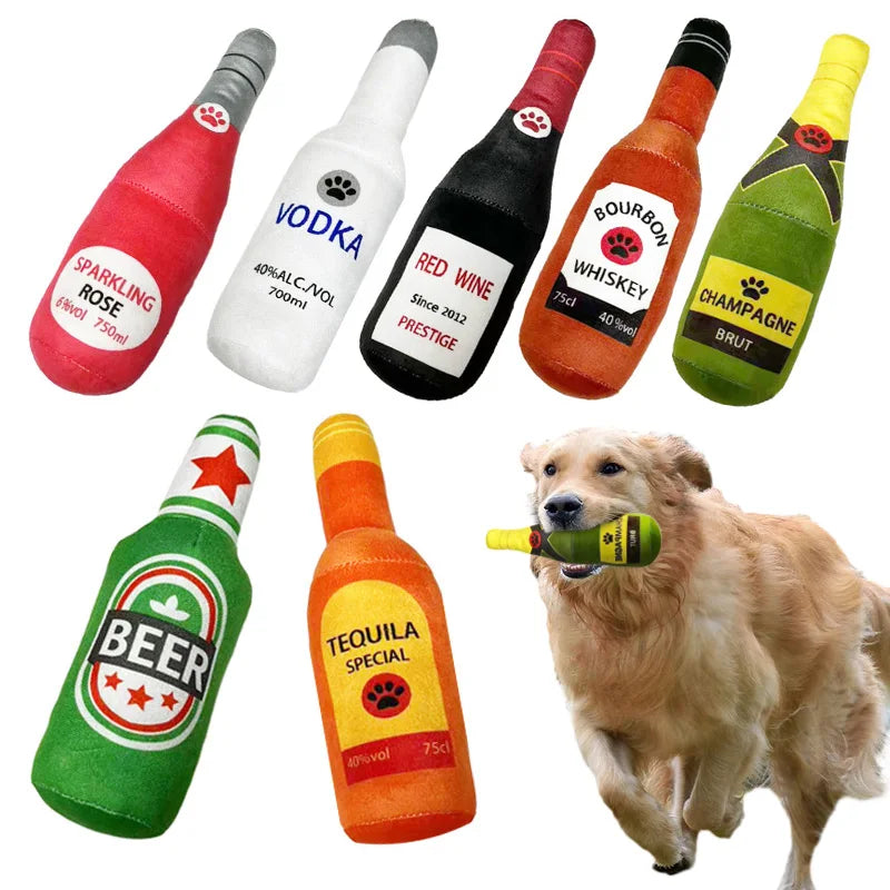 Plush Beer Bottle Dog Toy – Squeaky Chew Toy for Small & Large Dogs